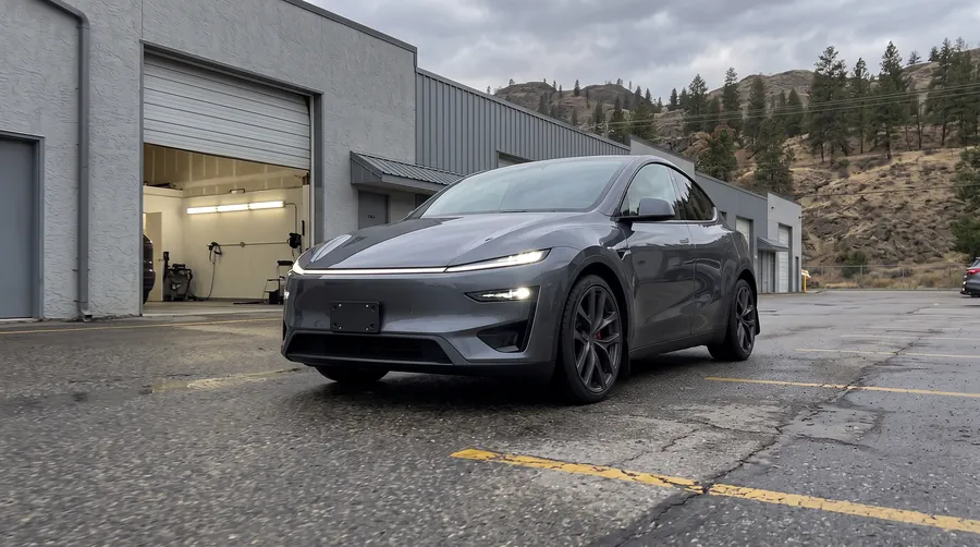 Grey Tesla Model Y Performance pulling into the shop lot